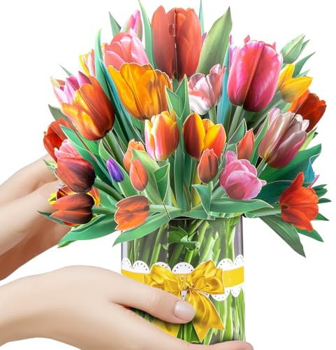 CNLITIHEKA Tulips Pop Up Flower Bouquet Cards, Flower Bouquet Popup Greeting Cards, Teacher's Day Card, Mother's Day Card, with Blank Note Card and Envelope, Get Well Soon Cards, All Occasions.