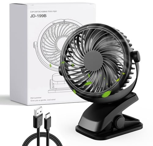 Gaeymy Mini Ventilator Akku mit Clip, USB-C Grow Ventilator Klein, Manuelle Drehung Tisch Ventilatoren Leise mit 3 Geschwindigkeiten, Tragbarer Aufladbar für Auto Camping Growzelt Kinderwagen