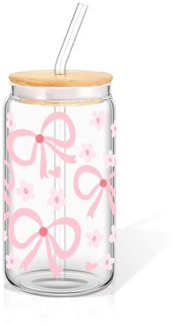 Cosmeria Aesthetic Glas Mit Deckel Und Strohhalm, 16 Oz Tumbler, Vielseitiges Trinkglas Ideal Für Kaffee, Cocktail, Saft Und Mehr