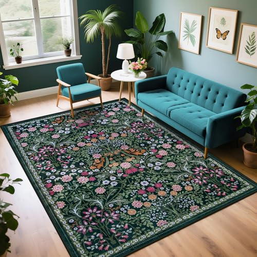 PLHXFR 6x9 Area Rug Living Room: Floral Washable Boho Carpet Dark Green