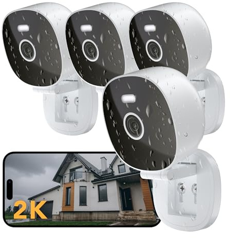 FAMVIVA 2K Wired Security Camera, Indoor/Outdoor for Home, Pet, Baby, Nanny, IP65 Waterproof Color Night Vision, White Light & Siren, Recording, Motion Detection, Works with Alexa,Plug in, White-4P