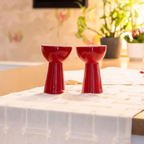 Vayu Earth Set of 2 Hand-Painted Stoneware Gelato Ice Cream Bowls with Base – Red & White, 9 × 9 × 15 cm | Artisan Ceramic Dessert Bowls, Stylish Tableware for Home & Parties