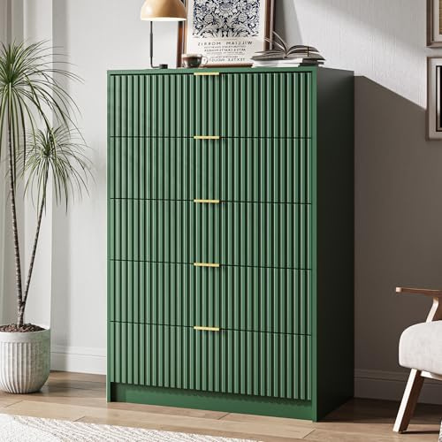 MAISONARIA 5 Drawer Dresser for Bedroom, Tall Dresser Chest of Drawers with Gold Handles, 32 Inch Wide Nightstand with for Bedroom, Living Rooms, Offices, and Entryways, Green