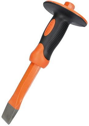 Cincel cortafrios plano con protector, alta durabilidad y precisión, ideal para trabajos en metal y albañilería.