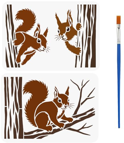 FINGERINSPIRE 2 Stück Eichhörnchen Im Wald In Verschiedenen Posen PET Schablone Mit Einem 16cm Großen Pinsel 29.7x21cm Große Wiederverwendbare DIY Schablonen Zum Malen Auf Wänden Holz Möbeln Stoffen
