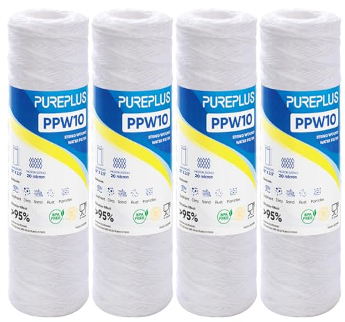 PUREPLUS 20 Micron 10x2.5 Whole House String Wound Sediment Filter for Well Water, Replacement Cartridge for Universal 10 inch RO System, WP-5, Aqua-Pure AP110, CFS110, Culligan P5,WFPFC4002, 4Pack