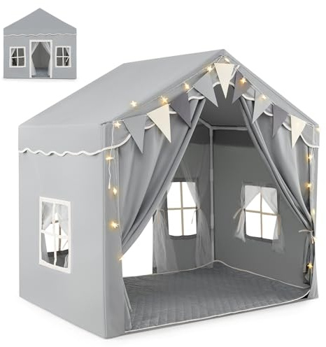 Kids Play Tent, Large Kids Tent Playhouse with 2 Opening Doors, Star Lights, Flags, Breathable Windows, Cotton Mat, Indoor Outdoor Children Playhouse for Boys and Girls Aged 3+ Years Old (Grey)