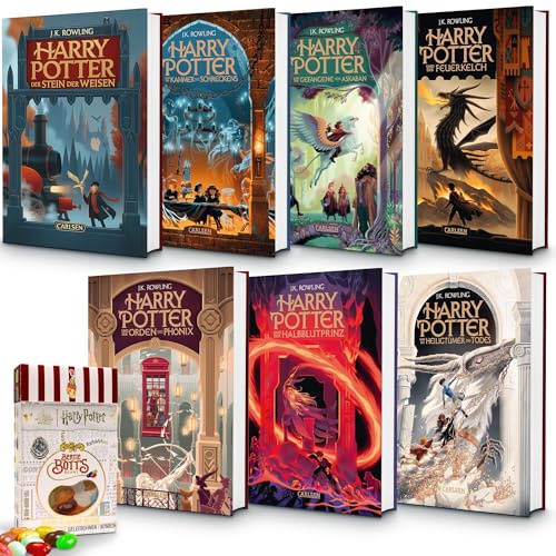 J.K. Rowling Bücher Bundle Harry Potter Band 1–7 – prachtvolle Neuauflage 2025 mit extra Jelly Belly Bertie Botts Bohnen (35 g) – detailreich illustriert für Kinder, Jugendliche und Erwachsene