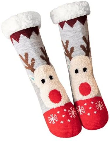 Mulor Fluffig julgran strumpa lång toffel till kalv mysiga strumpor unisex med halkfria klämmor fleecefoder julklappar, 11 grå ren, One Size Bred