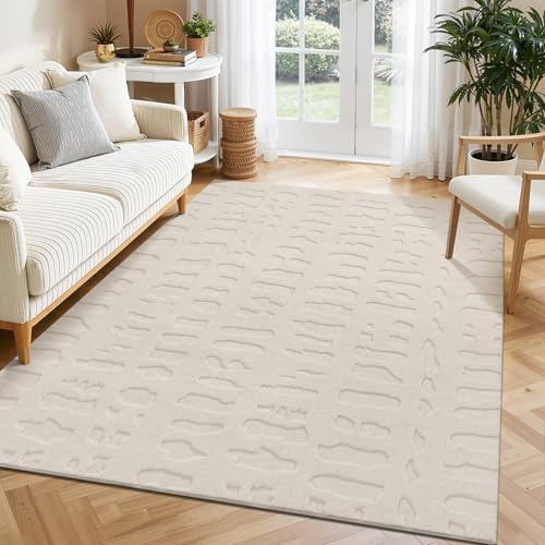 SHACOS Waschbarer Teppich Wohnzimmer Kurzflor 200 x 300cm, Weicher Teppich Modern Wohnzimmerteppich groß, rutschfeste Teppiche für Schlafzimmer, Esszimmer, Beige, 3D Kieselstein Geometrie