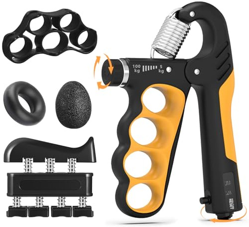 Griffkraft-Trainingsset (5-teilig), bestehend aus einem ergonomischen Griff-Unterarmtrainer, einem Handkrafttrainer und einem Fingerkrafttrainer. Geeignet für Sportler und zur Rehabilitation der Hand.