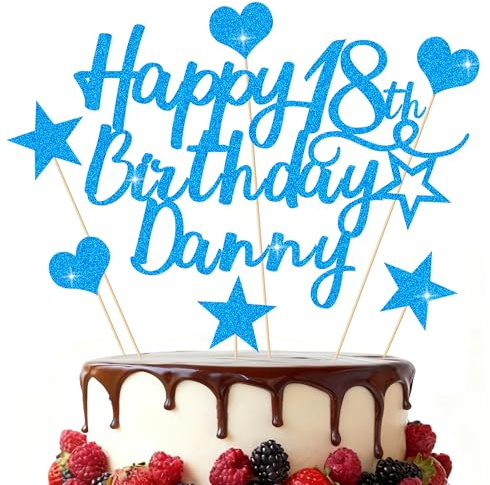 EDSG Personalised Happy Birthday Cake Topper, Custom Birthday Party Decoration, Double-Sided Glitter Cake Topper 13th 16th 18th 21st 30th 40th 50th 60th 80th (Blue)