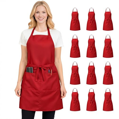 Nymmoata Red Waterproof Blank Aprons 12 Pack, Bulk Polyester Aprons for Team Events, Church Groups & Parties