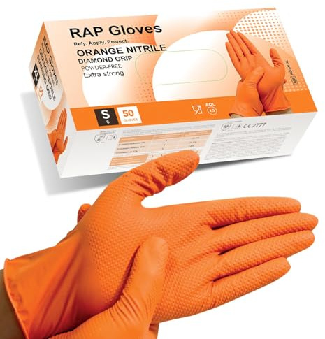 50 Orange Nitrile Disposable Gloves Small Heavy Duty Diamond Grip Non-Slip | Extra thick latex free and powder free, raised diamond texture grips oily parts, for mechanics, workshops and automotive