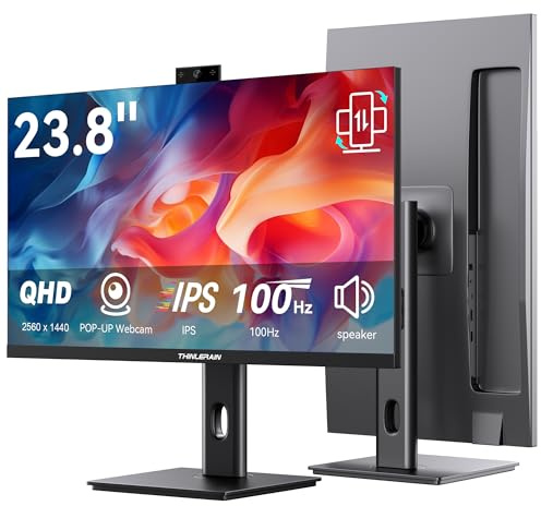 Thinlerain 23.8 Inch Monitor with Pop-Up Webcam - 2K 2560 x 1440 IPS Computer Monitor, 100Hz, Built-in 3MP Webcam & Microphone, HDMI, DisplayPort, Vertical Gaming Screen Display for Office Home