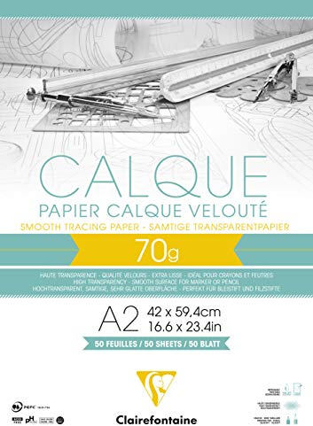 Clairefontaine 975089C Block Transparentpapier (DIN A2, 42 x 59,4 cm, 50 Blatt, 70 g, ideal für technischen Zeichnen) transparent Durchsichtig