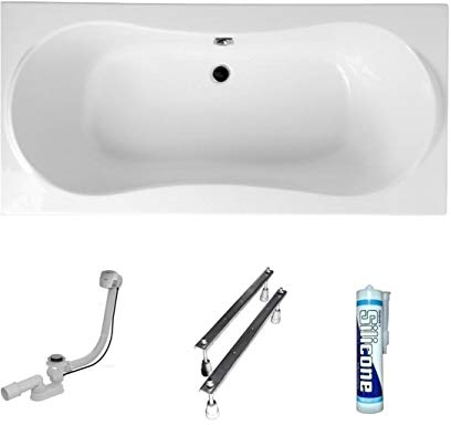 ECOLAM® Badewanne Wanne Rechteck Long Polimat Acryl weiß 180x80 cm + Ablaufgarnitur Ab- und Überlauf Automatik Füße Silikon