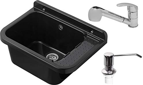 VBChome Ausgussbecken mit Armatur 59 x 34 x 21 Schwarz ausziehbarer Armatur Seifenspender cm Schwarz Spülbecken Waschtrog mit Überlauf Waschbecken für Gewerbe Waschraum Garten inkl. Ablaufgranitur