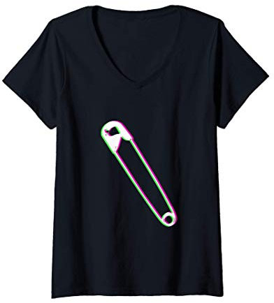 Damen Psychodelisches Sicherheitsnadel Design T-Shirt mit V-Ausschnitt