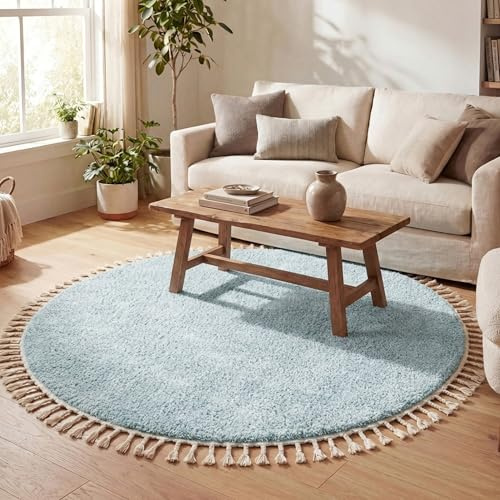 Teppich Hochflor Rund - Lofty Fringe Hellblau Türkis - Ø 100 cm | Einfarbig - Ländlich, Modern, Skandinavisch - Wohnzimmer, Esszimmer, Schlafzimmer - Fellteppich