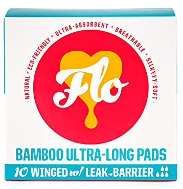 Flo Bamboo Period Pads – Extra Long, Ultra Absorbent, High Protection - Double Winged Breathable Sanitary Towels for Heavy Flow – 10 Pads
