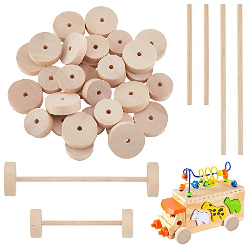 OLYCRAFT 32 Stück Holzräder mit 32 Stück Holzstäben Unfinshed Holz Zeugrad Holz Zeugräder Mit 5mm Löch Holzräder-Set Zum Basteln Für DIY Zeugautos Holzbastelprojekte Kunsthandwerk - 28mm & 35mm