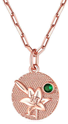 FOCALOOK Geburtsblume im Mai + Geburtsstein Anhänger mit 45+5cm Rolokette Rosegold vergoldet Münze mit Lilie Motiv Halskette Geburtsmonat Modeschmuck Accessoire für Damen Mädchen