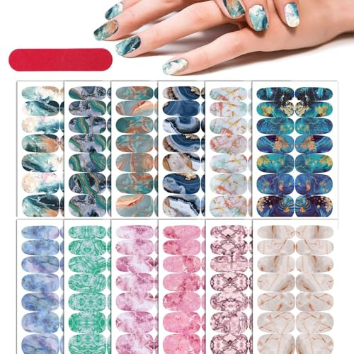 12 Sheets Gradient Marble Nail Polish Strips Stickers, Self Adhesive Starry Full Nail Wraps Stickers, Gel Nail Art Decal Strips with Nail File for Women Girls Manicure Decoration | Marble effect self-adhesive gel nail stickers, safe & durable, ideal for manicures of women & girls on any occasion