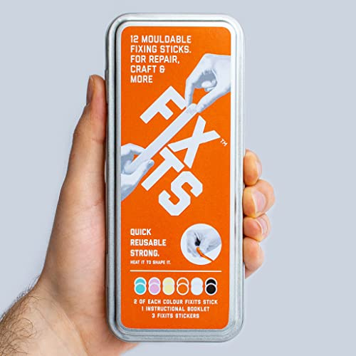 FixIts Geschenkbox mit 12 x 10 g wiederverwendbaren Öko-Stick-Alternativkleber, FixIts Broschüre und 3 Aufklebern