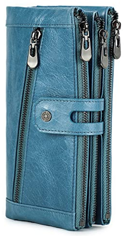 CONTACTS RFID-Geldbörse mit Reißverschluss, großes Fassungsvermögen, Kartenhalter, Handyhalter, Multifunktions-Clutch, 4 Reißverschlüsse, echtes Leder, Blau