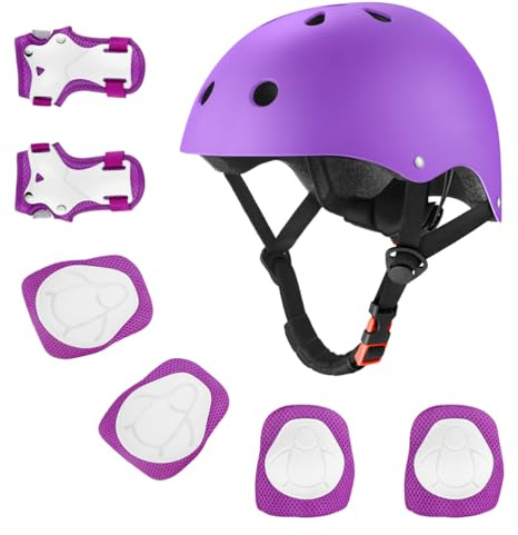Kids Bike Helmet for Ages 2-14, Adjustable Safety Toddler Helmet with Protective Gear Set, Skateboard Scooter Helmets with Knee Elbow Pads Wrist Guards (Purple, Small(for Ages 2-8))