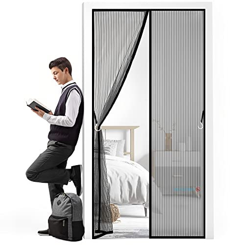Mosquito Door Screen Mesh Fly Curtain, 95 x 225 cm Magnetic Self-Closing Privacy Door Screen Winter Stop Draft Keep Cold Out Door Cover for Patio, Kitchen, Bedroom(Black)