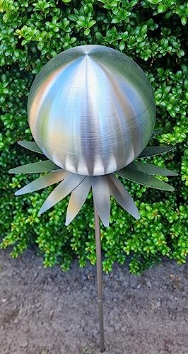 Jürgen Bocker Garten-Ambiente Blütenzauber Milano Rosenkugel 15 cm Edelstahl Gartenstecker Deko mit Stab 80 cm (Silber matt)