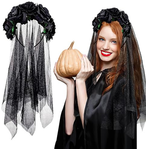 shallyong Schleier Braut, Schwarzer Schleier Halloween, Haarreif Blumen, Schwarze Rosen, Mexikanische Blumenkrone,für Cosplay Partys Feste Karneval