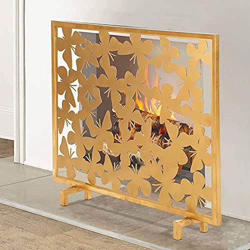 Protector contra chispas para Chimenea Pantalla para Chimenea de Hierro y Metal Dorado con Rejilla Fina, Cubierta de Pantalla de un Solo Panel Independiente con decoración de Mariposas Marriage