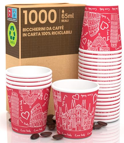 1000 Kaffeebecher aus Papier, 65 ml, Italien Rot, umweltfreundlich, biologisch abbaubar, Einwegbecher, klein, zum Mitnehmen, heiße Getränke