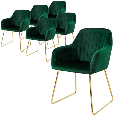 ML-Design matsalsstolar uppsättning om 6, sammetssits, grön, vardagsrumsstol med ryggstöd och armstöd, köksstol med guldben, stoppad stol med metallram, ergonomisk fåtölj för matbord