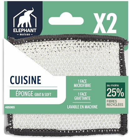 ÉLÉPHANT Maison - Éponges Grat&Soft x2 - Format Pratique - Face Microfibre & Face Grattante, Nettoie Surfaces Délicates sans Les Abîmer - Idéale Verre, INOX, Marbre - Fabriqué en France