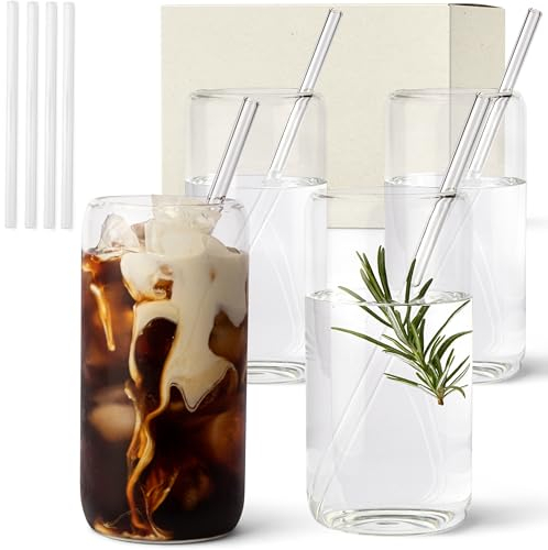 KIVY Set di bicchieri in vetro borosilicato da 450 ml con cannucce e spazzola per la pulizia, lavabili in lavastoviglie, resistenti al calore e ideali per acqua, caffè freddo, cocktail e altre bevande