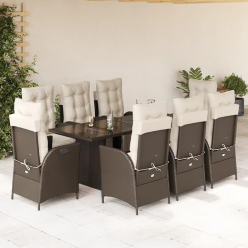 Homgoday 9-TLG. Garten-Essgruppe mit Kissen Sitzgruppe Sitzgarnitur Gartentisch Esstisch Tisch Garten Stühle Gartenmöbel Set Gartengarnitur Gartenset Braun Poly Rattan