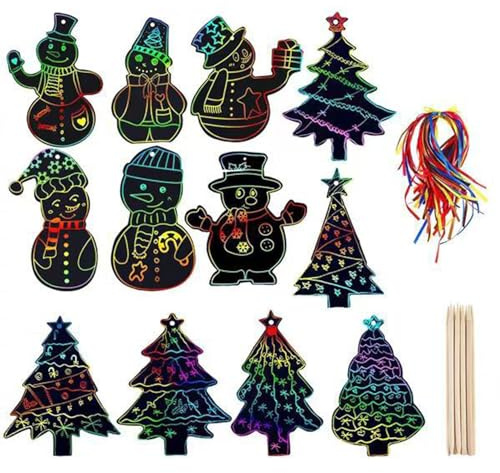 Bhina 48 Stück Weihnachten Kratzbilder, Regenbogen Kratzbilder Weihnachten mit 48 Bändern und 16 Holzstiften, Bastelset Weihnachten für Basteln, Weihnachtsan, Geschenkan, Weihnachtsbaumschmuck (02)
