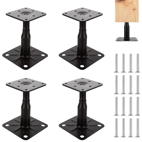 4 Stück Stützenfuß Pfostenträger Pfostenanker, 100-150mm höhenverstelbar Gewinde aus verzinktem Stahl aufschraubhülse 75x95mm Pfostenträger für Zäune, Unterstände, Carports, Pergolen, Gartenlauben