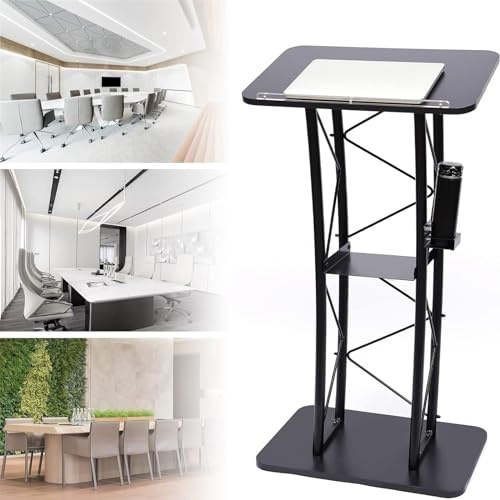 Stainless Steel Conference Podium Stand - Curved Metal Lectern Floor Standing Speaking Podium for Office School, Church Pulpit with Cup Stand, Portable Podium for Speech