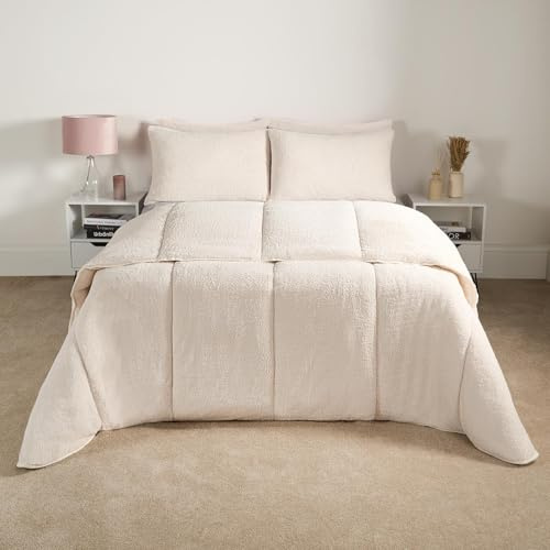 OHS Teddy Fleece 10.5 Tog Coverless Double Duvets, Soft Warm Duvet Double Washable Coverless Duvet Travel Camping Comfy Bed Set with Pillowcases - Cream