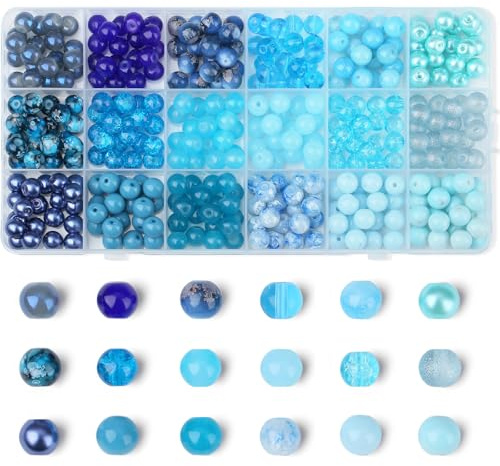 Sahoottie 8mm Blau Perlen Blaue Glasperlen zum Auffädeln Runde Perlen Groß Glasperlen für Armbänder Schmuck Basteln DIY Set 360 Stück (18 Blautöne)