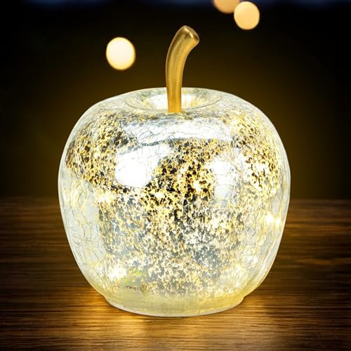 Spetebo Lampe de table LED en verre craquelé Forme de pomme 11 cm Argenté Décoration fruit Aspect verre brisé Guirlande lumineuse métallique Piles et minuterie