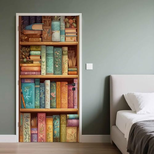 Türaufkleber 95 x 200 cm Bücher, Türfolie Vintage Bücherregal, Türtapete Abnehmbare, Tür Aufkleber für Innentür Schlafzimmer Küc