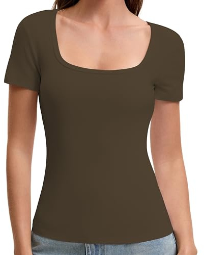 OYIGELZ Y2K T-shirt basique à manches courtes pour femme, coupe ajustée, coupe classique, couleur unie, pour l'été, Marron-f1, XS