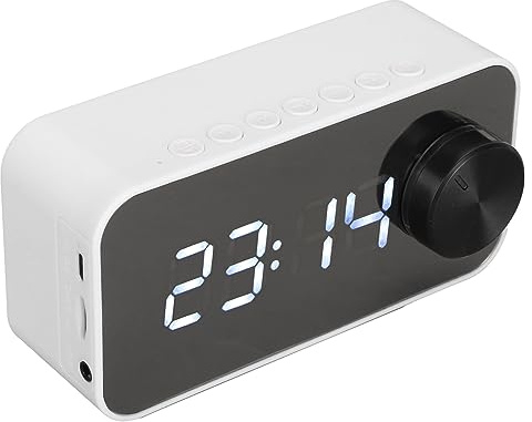 EALRIDV Funklautsprecher mit Spiegelanzeige, Doppelalarm und FM -Radio, Rauschunterdrückungsmikrofon und Temperaturanzeige für Schreibtisch oder Bett (Weiß)