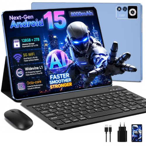 ZIOVO Android 15 Tablet 10 Zoll Gemini AI, 30GB RAM+128GB ROM(TF 1TB), 5G WLAN, Octa-Core 2.0GHz, Widevine L1, 8000mAh, BT 5.0, GPS, Face ID, Tablet mit Tastatur, Maus - Blau